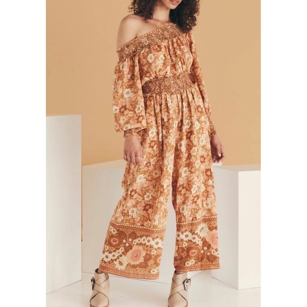 Spell & The Gypsy Anne Jumpsuit Peach Floral Size Small Smocked Cropped Boho